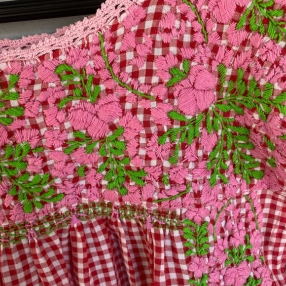 Mi Golondrina Pink & Green Gingham Floral Embrodiered Mexican Top Medium - Picture 2 of 4